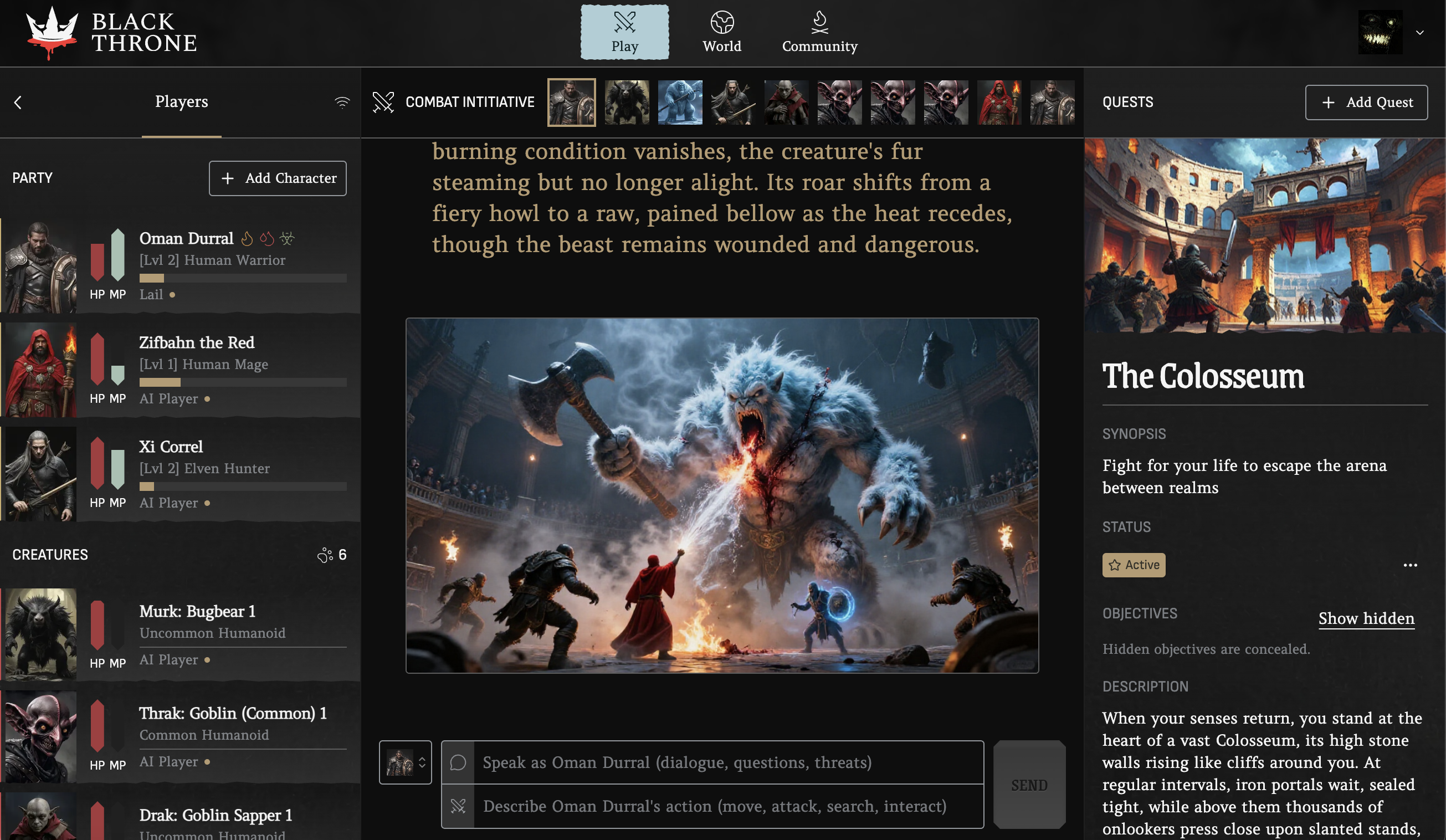 Gameplay interface showing party action and narrative