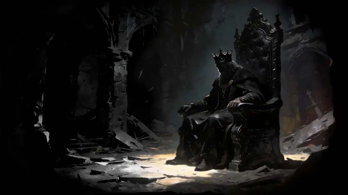A crowned figure in shadowed ruins