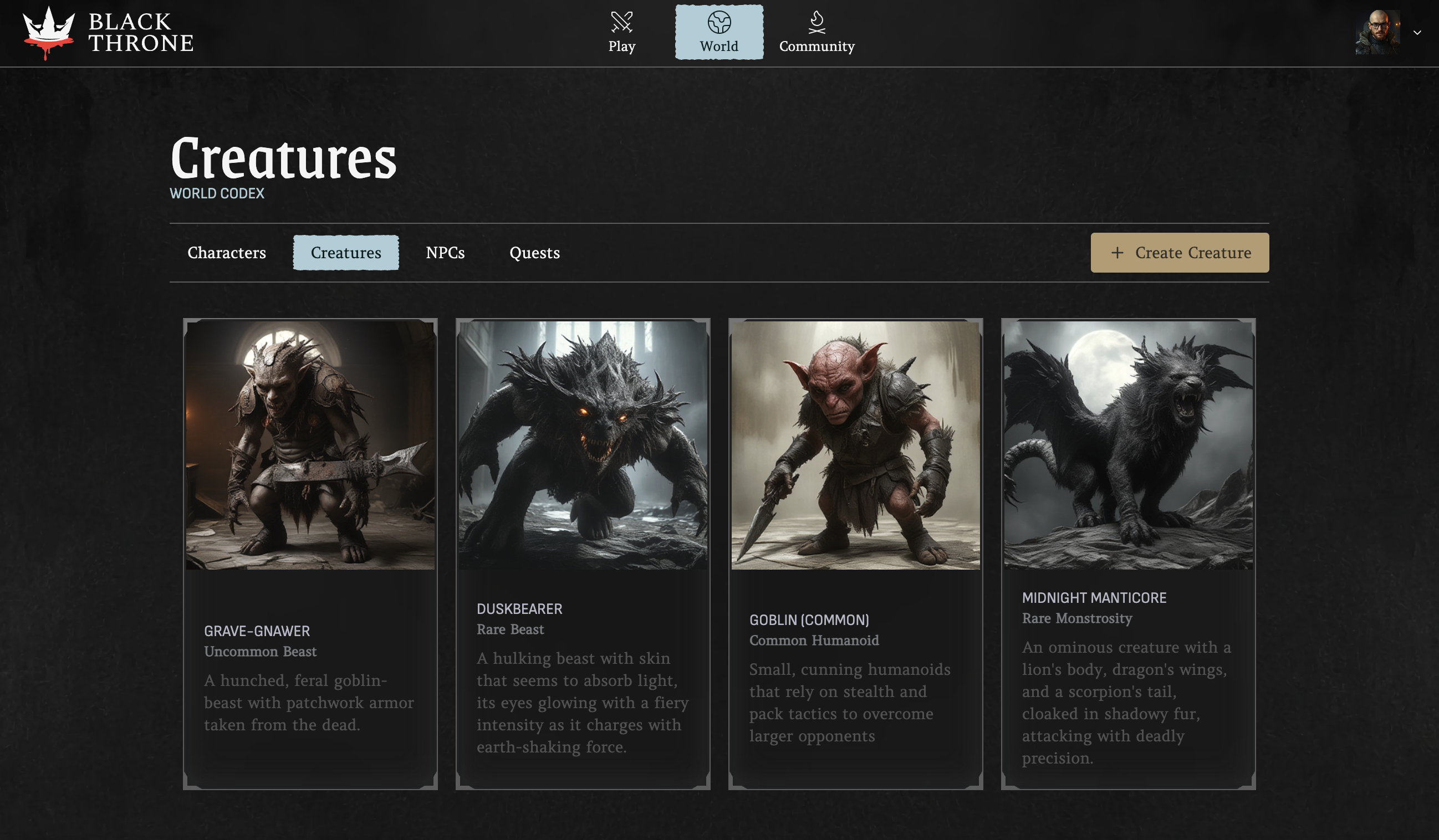 A screenshot of the world codex